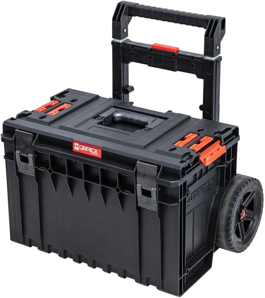 Qbrick System One Cart 2.0 Ultra HD Werkzeugkoffer Rollbar Werkzeugtrolley Werkzeugkasten Werkzeugbox aus Kunstoff Werkzeugkiste auf Rädern mit Klemmverschlüssen Rollende Werkstatt Rot 64,1x48,5x66 cm