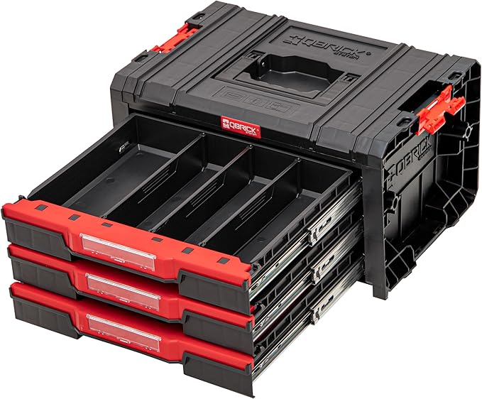 Qbrick System Werkzeugkoffer Werkzeugkasten Leer Werkzeugkiste PRO Drawer 3 Toolbox 2.0 Basic Schwarz Rot 450 x 310 x 244 mm